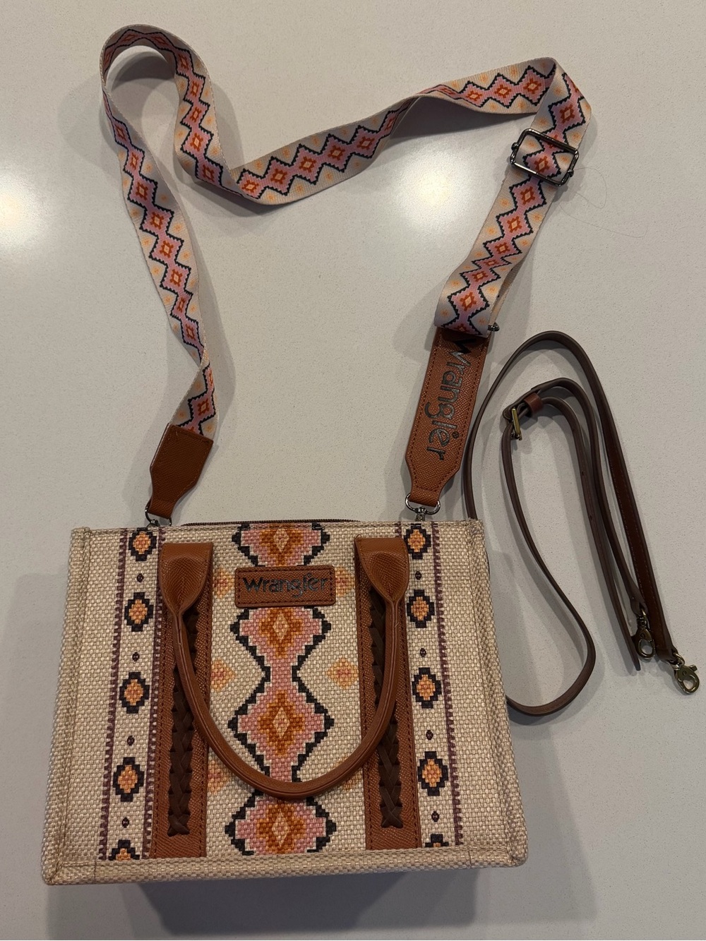 Wrangler Cream & Brown Embroidered Crossbody Tote with Patterned Strap